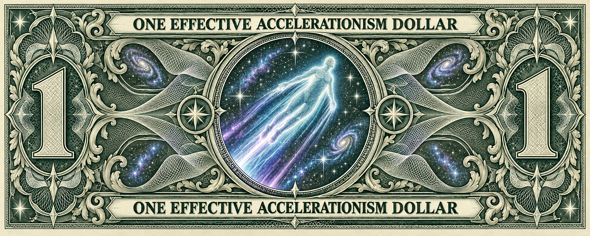 An engraved one dollar note with a cosmic figure accelerating through the stars